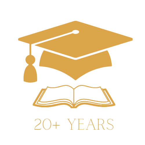 Trusted Psychologist Logo with Academic Symbols and 20+ Years of Practice Logo for a psychologist featuring a scholar’s graduation cap and an open book, symbolizing education and expertise, with “20+ Years” representing extensive professional experience in mental health practice.